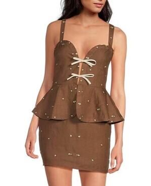 Fanm Mon Helaina Floral Embroidered Brown Mini Boho Dress Size M